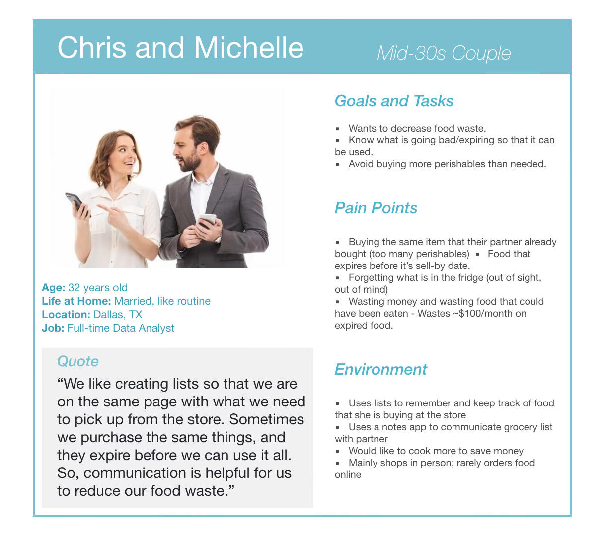 Chris and Michelle shared persona shows a user scenario, challenges, and benefits from using the app