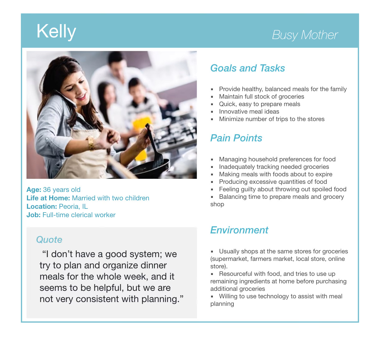 Kelly persona shows a user scenario, challenges, and benefits from using the app