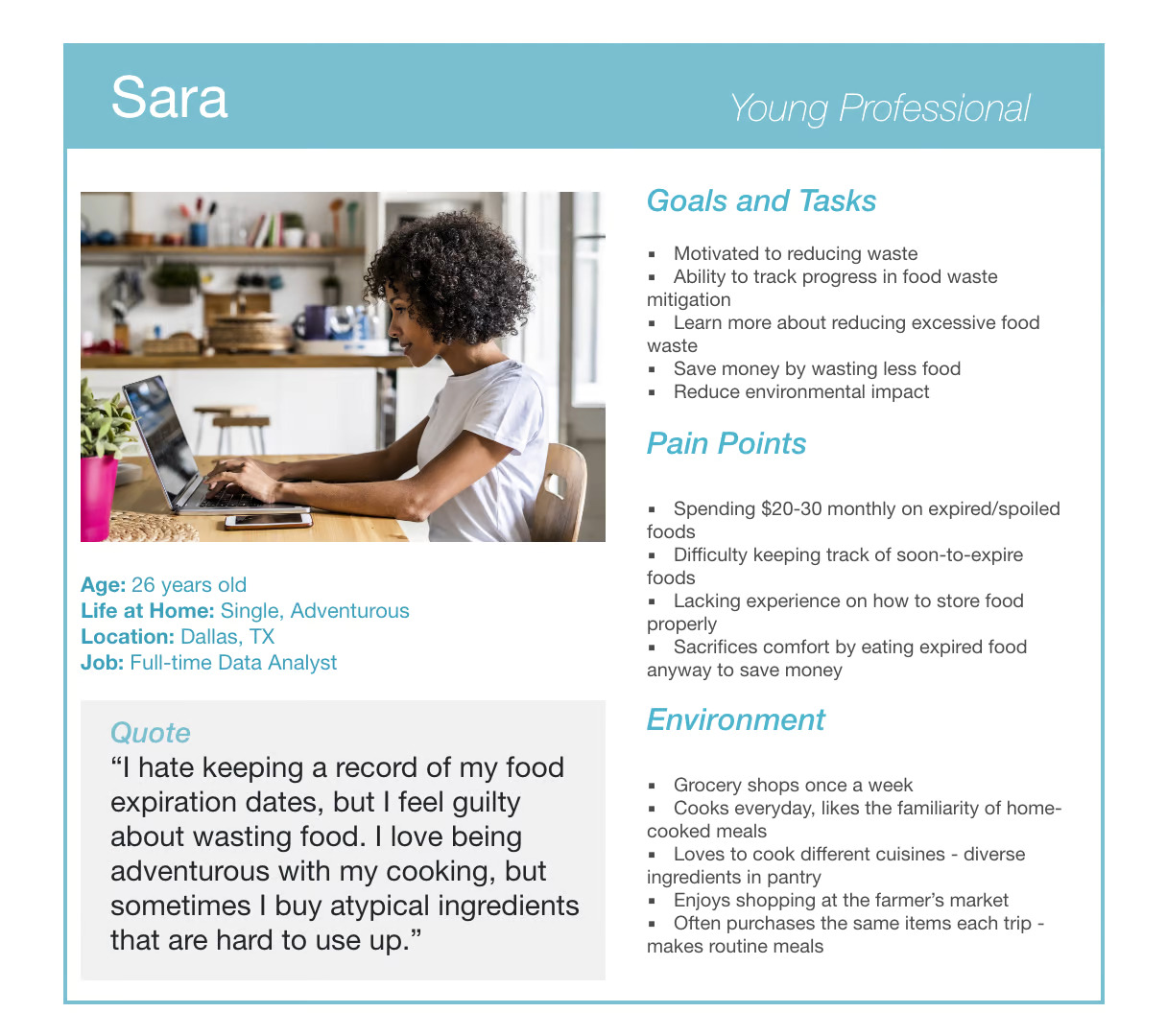 Sara persona shows a user scenario, challenges, and benefits from using the app