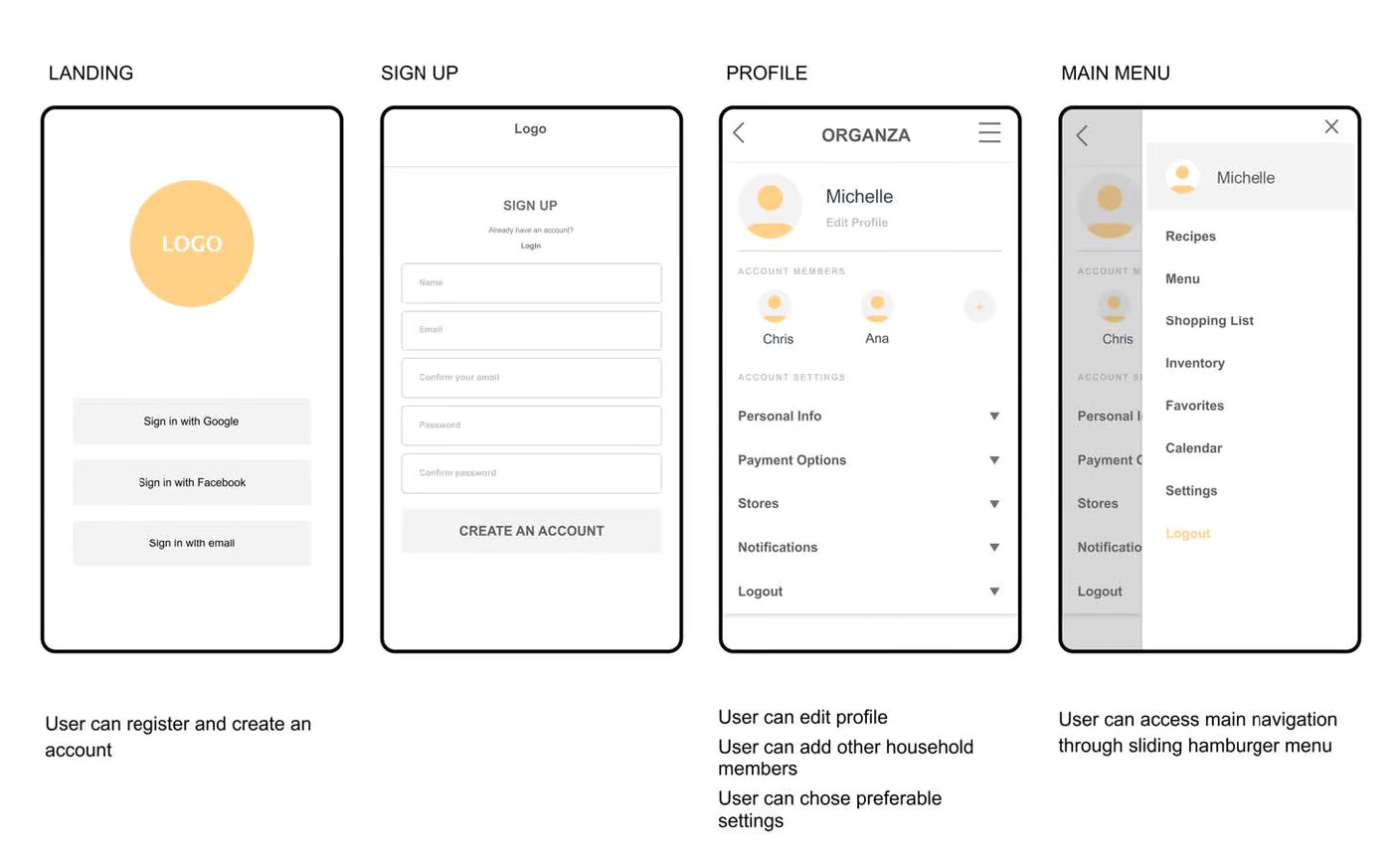 screenshot of frames used for logging in and setting up a profile